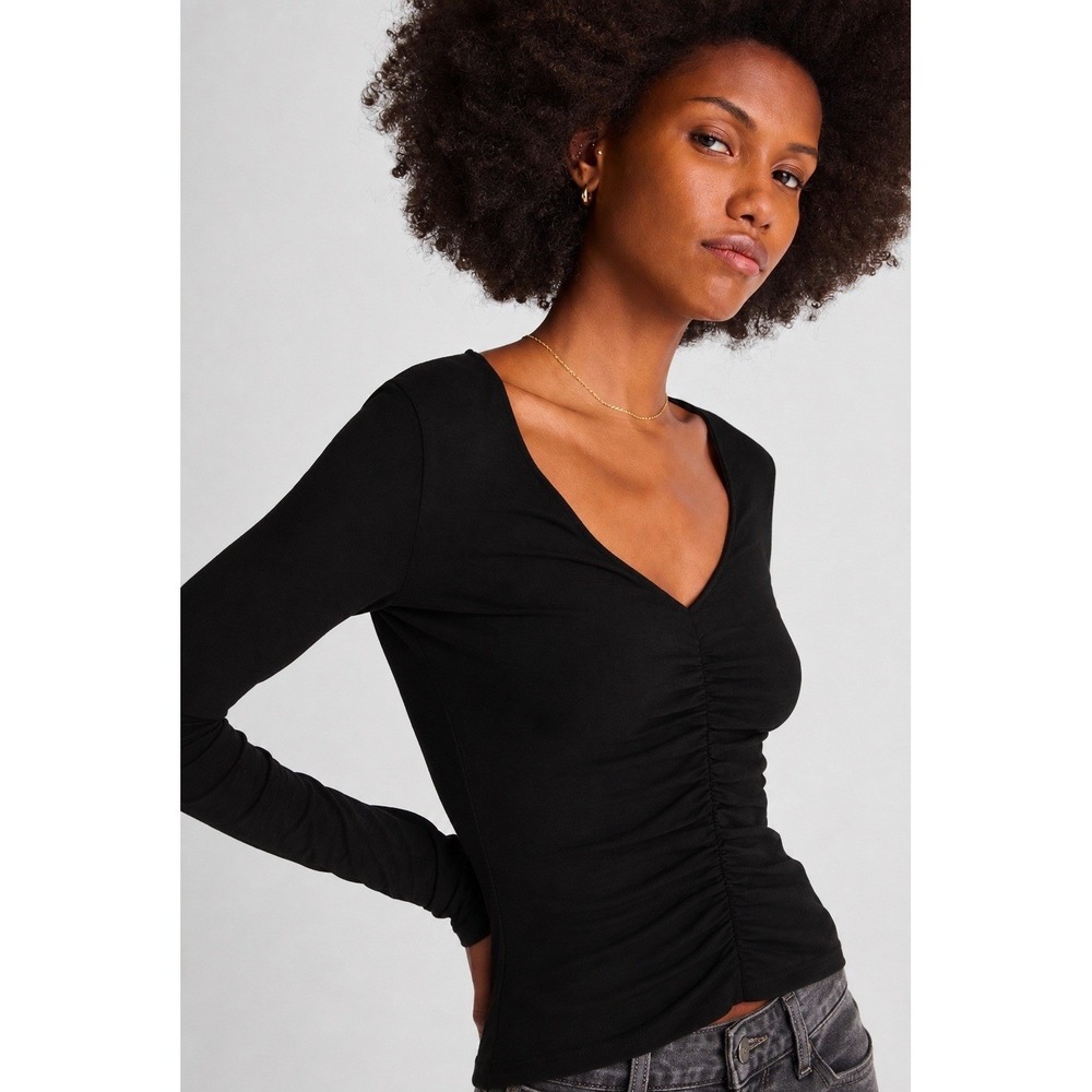 Madewell NWT Shirred V-neck Long Sleeve Top Black XXS Ruched Fitted Dressy